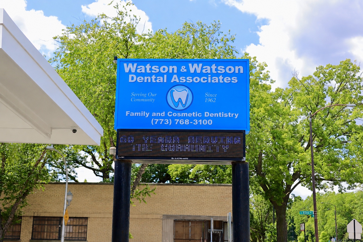 Watson and Watson Dental Associates blue sign at the Stony Island office